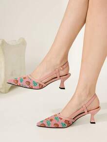 CUCCOO CHICEST 粉色櫻桃刺繡布面女款細高跟鞋，優雅新款，適合通勤、約會、下午茶、晚餐與日常穿著 - 粉色 - 查看 2