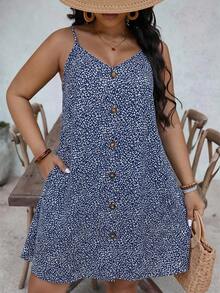 SHEIN VCAY Plus Size Women's Leopard Print Button Design Cami Dress - Royal Blue - View 5