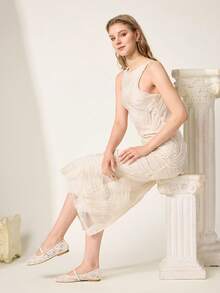 CUCCOO CHICEST 女士春夏蕾丝提花金属扣方头平底鞋，1厘米复古蕾丝面料，家居通勤购物约会旅行节日礼物 - 米色7 - 查看 12