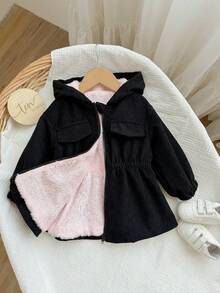 Baby Girl Cute Corduroy Hooded Thermal Lined Jacket, Autumn/Winter - Black - View 1
