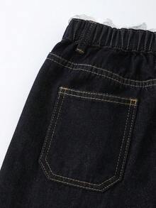 SHEIN 青少年女孩新款休閒復古時尚個性化前綴破洞開衩石洗黑拼接3D蝴蝶結寬腿修身百搭四季藍色牛仔褲 - 藍色 - 查看 7