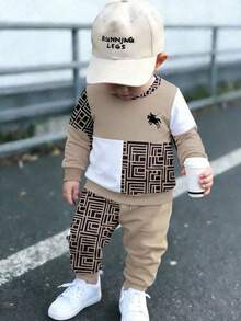 Toddler Fleece Sweatshirt Set, Casual  Style Knight Print Plaid Colorblock Crew Neck Sweatshirt And Colorblock Plaid Casual Sports Long Pants - Multicolor - View 2