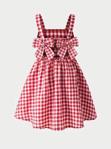 SHEIN 女童無袖紅色格紋A字連身裙，背後綁帶蝴蝶結設計，女童套裝，夏季野餐穿搭，度假度假夏日洋裝，陽光裙，沙灘裙，紅色洋裝，畢業禮服 - 紅色 - 查看 3