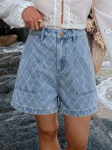 Livesso High Waist Light Blue Diamond Quilted Cotton Casual 70s 80s Loose Fit Women's Denim Shorts Vacation Summer - Blue - View 7