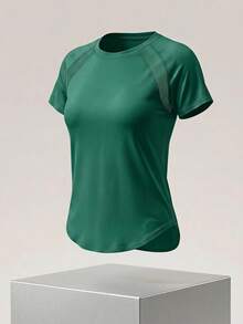 SHEIN Cheerettes 网眼拼布圆领休闲短袖运动T恤 - 墨綠色 - 查看 2