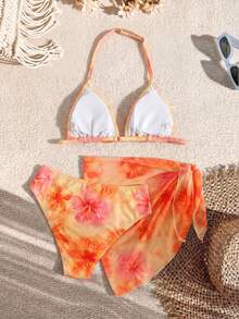 SHEIN 3pcs/Set Teen Girls Floral Print Bikini Set + Mini Skirt, Suitable For Beach, Vacation, Sports, Photo Shooting, Surfing, Hawaii Holiday - Yellow - View 2