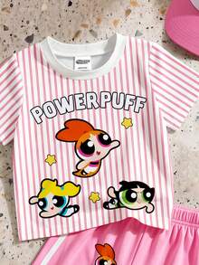 THE POWERPUFF GIRLS X SHEIN GraphicGems 女童条纹卡通印花圆领短袖T恤和短裤休闲日常穿搭 - 彩色 - 查看 3