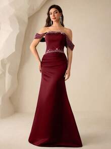 Coutiva Women's Tube Front Beaded + Rhinestone Embellished Bustier Formal Evening Gown (Heavy Workmanship Style) - Burgundy - View 1
