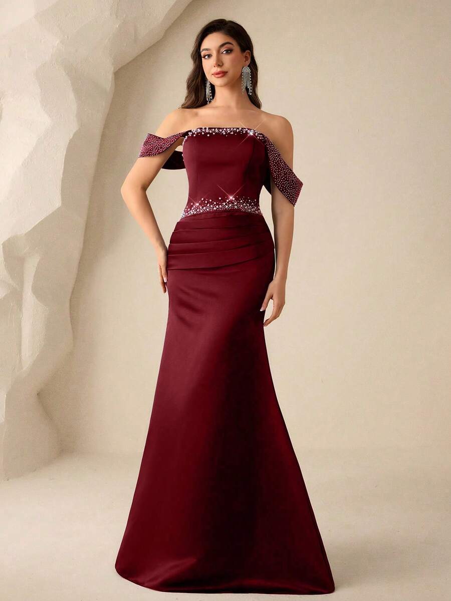 Coutiva Women's Tube Front Beaded + Rhinestone Embellished Bustier Formal Evening Gown (Heavy Workmanship Style) - Burgundy - View 1