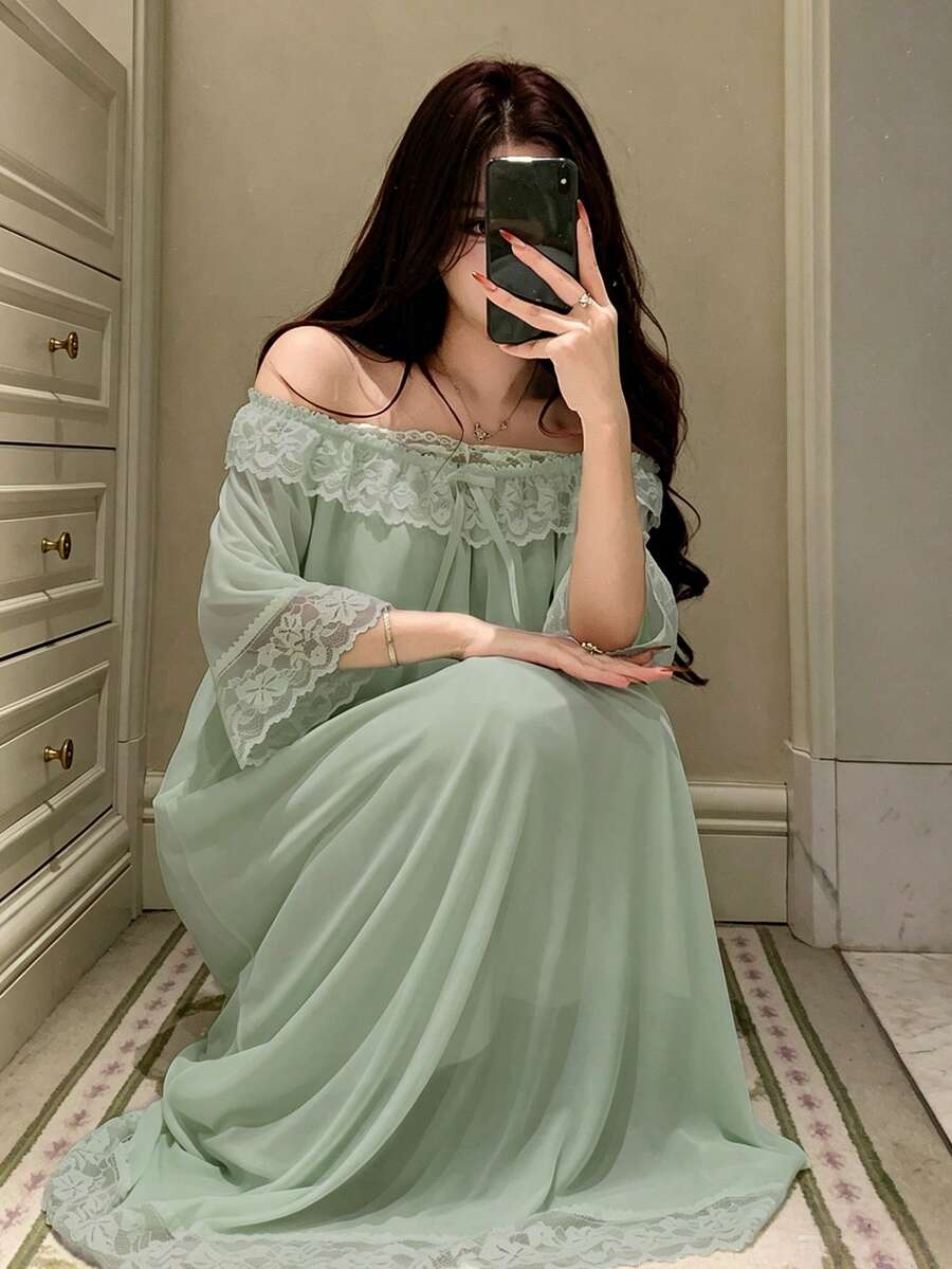 DAZY 蕾絲拼接露肩寬鬆女款睡裙家居服睡衣 - 綠色 - 查看 1