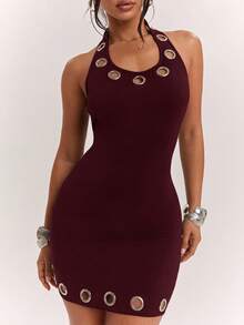 SHEIN BAE Women's Casual Sexy Versatile Street Style Metal Eyelet Decor All-Match Camisole Mini Dress Club Night Burgundy Summer - Maroon - View 4