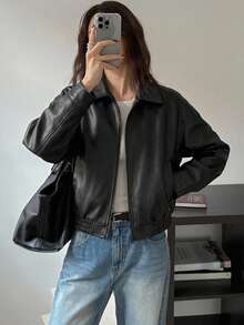DAZY Spring New Distressed Leather Short Jacket Valentine's Day Outerwear Women's Regular Jacket - Black - View 3
