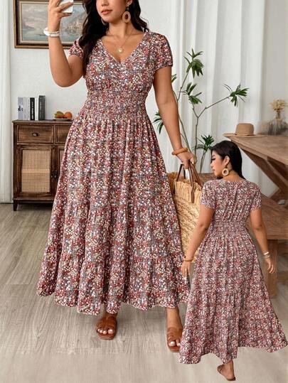 Weeklong Plus Size Women's Elegant Summer New French Floral V-Neck Puff Sleeve Elastic Waist Flowy Dress, Beach Holiday Style