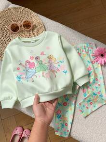 SHEIN Baby Mädchen süßes lässiges gestricktes grünes Cartoon-Muster Langarm Sweatshirt und elastische Taille lange Hose Set - Grün - Übersicht 3