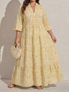 Comfylo Ditsy Floral 3/4 Sleeve Patchwork Tiered Maxi Dress Plus Size - Yellow - View 1