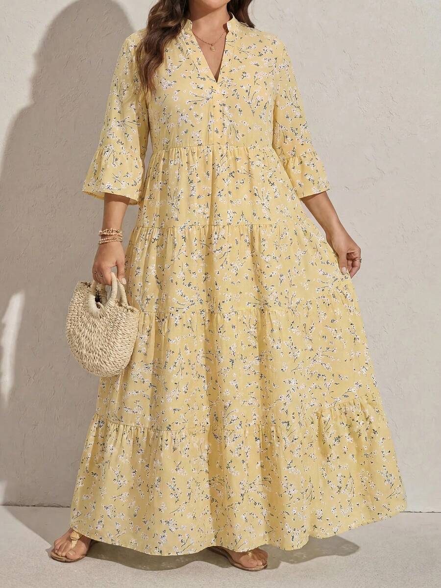 Comfylo Ditsy Floral 3/4 Sleeve Patchwork Tiered Maxi Dress Plus Size - Yellow - View 1