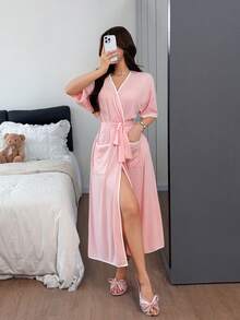 Napfluff Women's Casual Soft Skin-Friendly Contrast Color Short Sleeve Loungewear Robe - Pink - View 1