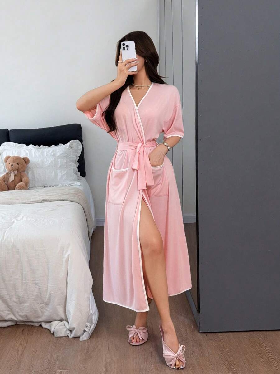 Napfluff Women's Casual Soft Skin-Friendly Contrast Color Short Sleeve Loungewear Robe - Pink - View 1