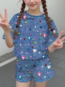 Tween女孩休閒簡約可愛甜美波點亮面質感愛心印花，CobaltBluePop短袖上衣與短褲兩件套，適合夏季，舒適春夏風格，圖案設計，Kawaii - 彩色 - 查看 2
