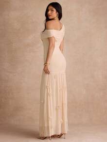 Enchnt 女款素色不對稱肩褶皺修身優雅長洋裝,適合夏季 - 杏色 - 查看 7