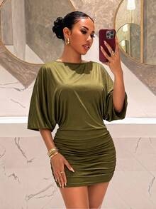 Slaydiva Women's Army Green Batwing Sleeve Backless Ruffled Bodycon Mini Dress - Sexy Party/Nightclub Outfit-B - Army Green - View 4