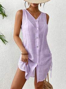 Swim Lushoire Kimono Kasual Wanita untuk Liburan, Warna Polos, Kancing Depan, Tali Serut Samping, Tanpa Lengan - Mauve Purple - View 5