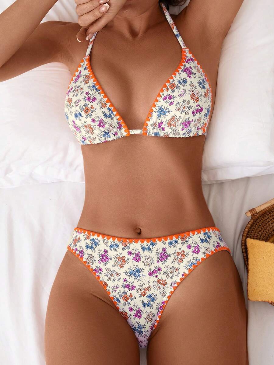 Swim Vcay Setelan Baju Renang Dua Potong Wanita Motif Bunga Musim Panas untuk Pantai, Model Halter Tie Seksi dengan Bawahan Segitiga - Aprikot - View 1