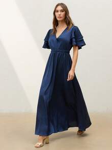CielaLinda Women's Ruffle Short Sleeve V-Neck Maxi Dress For Summer Vacation, Wedding Guest Dress, Holiday Dress, Blue Dress, Maxi Dress, Prom Dress, Party Dress - Navy Blue - View 3