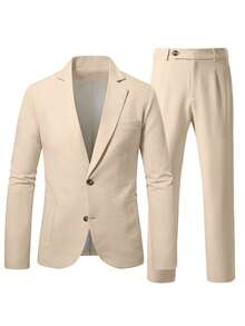 Manfinity Mode Traje de negocios de unicolor simple para hombre, incluye blazer y pantalones, para ceremonia - Caqui - Ver 3