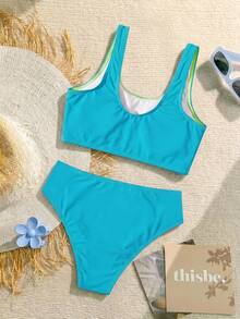 SHEIN Tween Girl Knit Contrast Color Swimwear Top And Swimwear Bottom 2 Pieces Set Color Block Swimwear - Multicolor - View 2