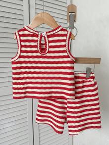 Elladie kids 女童紋理布料拼接下擺無袖上衣與休閒短褲 T-shirt 套裝 - 紅色 - 查看 3