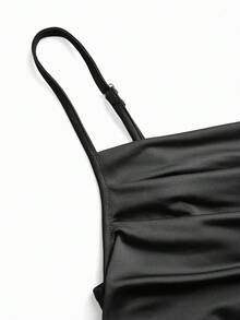 Modmama Maternity Solid Color Pleated Casual Party & Travel Spaghetti Strap Dress - Black - View 4