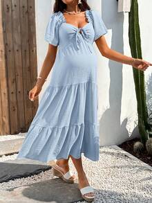 Boho Mama Maternity Solid Color Front Tie Raglan Short Sleeve Elegant Maternity Dress Photoshoot Light Blue Summer - Baby Blue - View 6