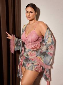 Slumberist Plus Size Fishbone Waist Design Lace Patchwork Camisole Nightgown And Flare Long Sleeve Floral Print Mesh Robe Set - Multicolor - View 1