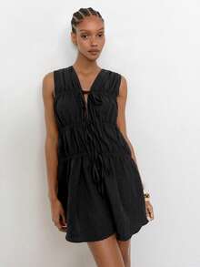Maija Vestido casual de mujer de unicolor con pliegues para citas y salidas - Negro - Ver 4