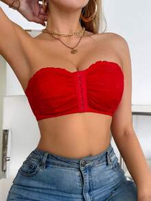 SHEIN 1件婚禮蕾絲無鋼圈前扣式無肩帶胸罩 - 紅色 - 查看 3