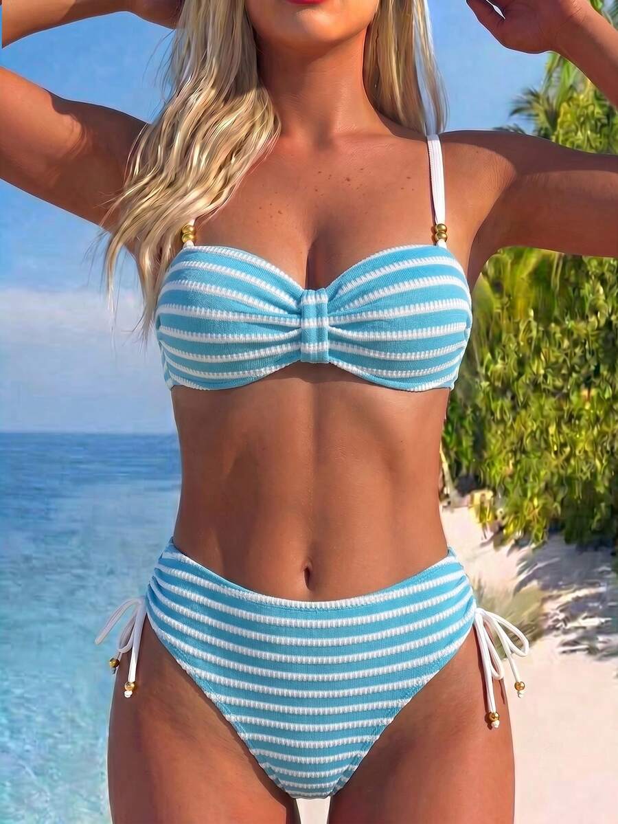 Swim Lushoire 女款新款特殊面料珠飾飾邊泳衣套裝 - 藍色 - 查看 1