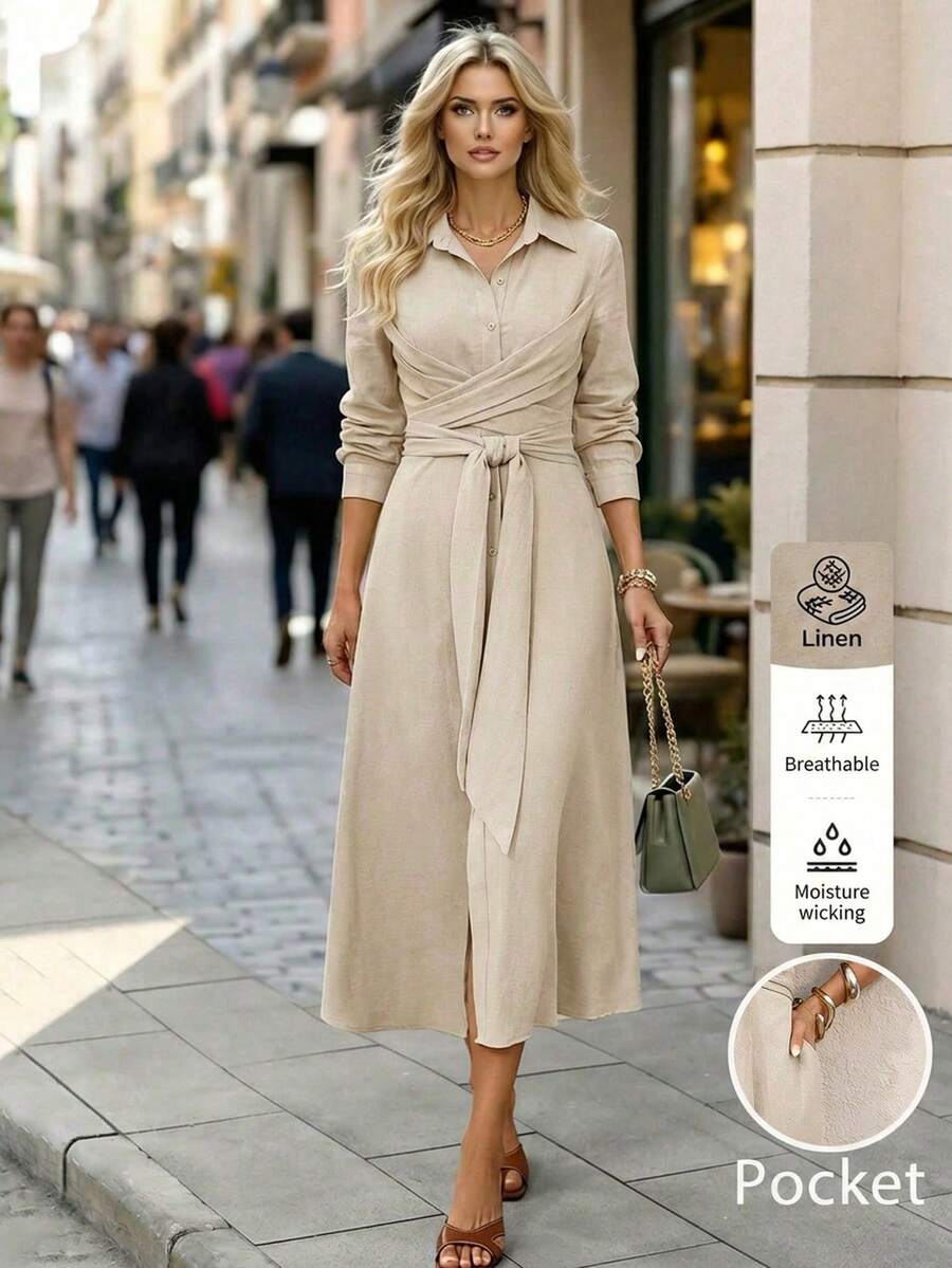 Editum 女款優雅淺米色襯衫洋裝，長袖領口收腰前開襟亞麻中長裙，適合秋季、早午餐、通勤，端莊卡其色穿搭