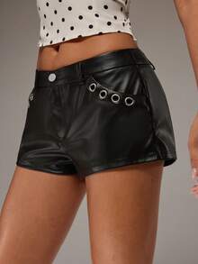 SHEIN BAE Women's Sexy Studded Metal Eyelet PU Short Mini Leather Shorts Street Style Halloween Y2K 90s Party Concert Ibiza Clubbing Black Summer - Black - View 6
