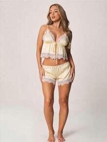 MISSGUIDED Satin Pajama Set With Lace Trim Camisole And Matching Shorts Loungewear Sleepwear For Summer Nights - Yellow - View 4