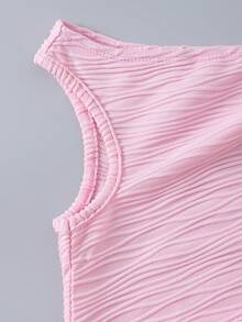 SHEIN Pitira 女童粉色紋理不對稱單肩洋裝，單肩蝴蝶結設計，抓皺腰部，波浪紋理面料，優雅公主風青少年女孩服飾，夏季生日與表演穿搭，獨特設計洋裝 - 粉色 - 查看 4
