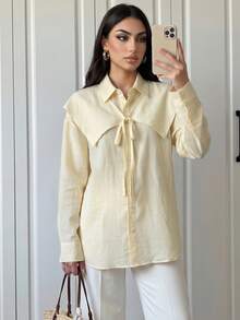 Duskaine Áo blouse nữ tay dài màu trơn thắt nơ trước - Màu vàng - Xem 4