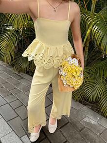 SHEIN Tween Girl Casual Burnout Graphic Summer Vacation Commute Daily Basic Outing Outfit Sleeveless Top And Long Pants 2 Pieces Set - Yellow - View 3