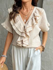 Zayélia Women's Summer Solid Color Versatile V-Neck Ruffle Design Short Sleeve Blouse - Apricot - View 4
