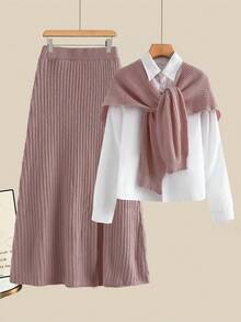GlowEve Women's Solid Color Shawl Top And Skirt Casual Daily Knit 2 Pieces Set - Pink - View 3