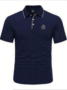 Manfinity Homme 大尺碼男士字母印花對比滾邊休閒百搭日常短袖 Polo 衫 - 寶藍色 - 查看 3