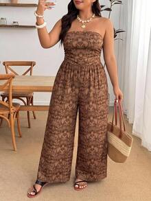 Enliva Plus Size Paisley Pattern Vintage Bohemian Style Vacation Jumpsuit - Brown - View 3