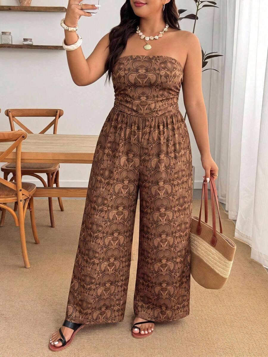Enliva Plus Size Paisley Pattern Vintage Bohemian Style Vacation Jumpsuit - Brown - View 1