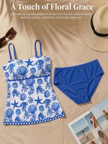 SHEIN Swim 女款高彈力綠色花卉印花比基尼兩件套，清新綠色定位印花抹胸背心上衣，純色三角基本款泳褲，春夏度假海灘派對優雅比基尼套裝 - 彩色 - 查看 5