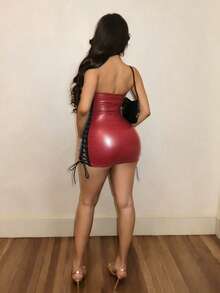 BamGleam Women's Sexy Faux Leather Lace-Up Strapless Short Summer Dress - Burgundy - View 2